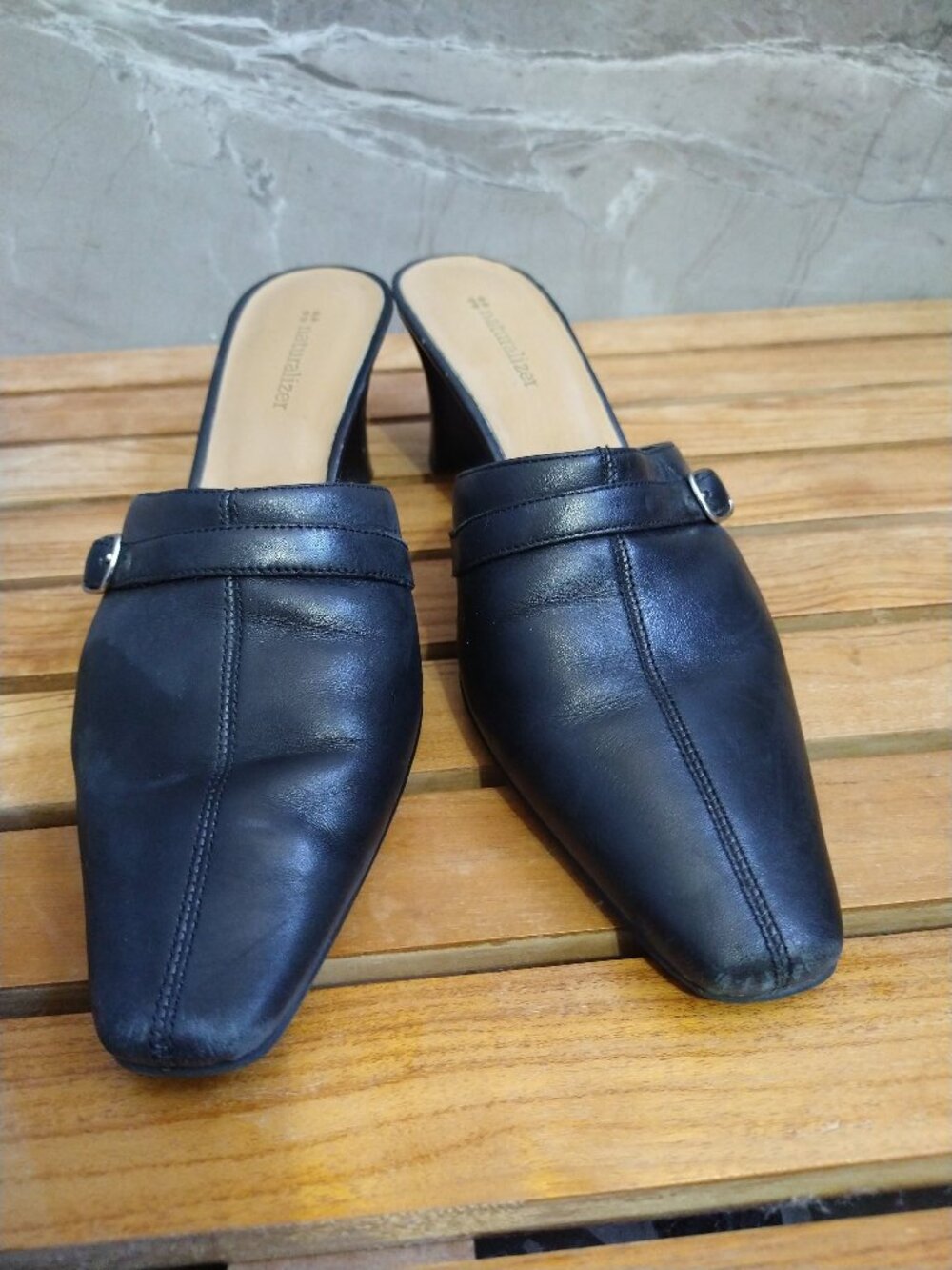 Naturalizer "HYDRANT" Black Leather Pointed-Toe Mule Heels (Size 9 M)